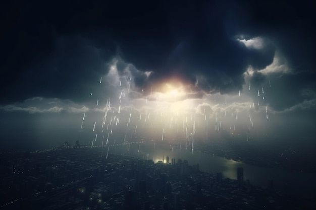 Ciel orageux au-dessus de la ville Vue aérienne de l'orage et de la foudre