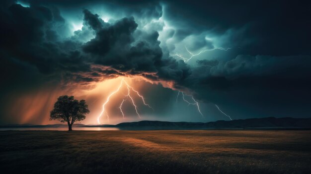 Photo ciel orageux avec des nuages spectaculaires la foudre frappe un paysage spectaculaire