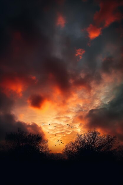 Photo un ciel orange avec des oiseaux qui y volent dans le style d'effets d'éclairage dramatiques des nuages atmosphériques