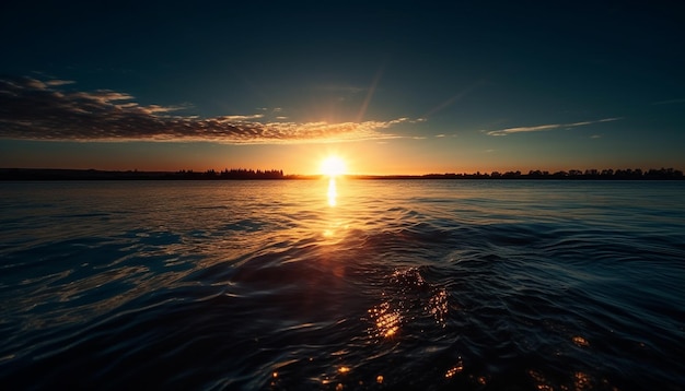 Le ciel orange se reflète sur la surface de l'eau tranquille générée par l'IA