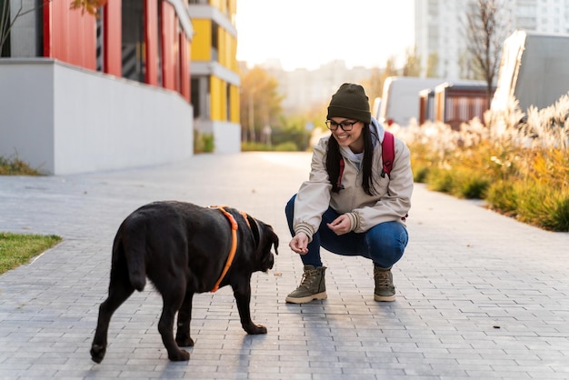 À ciel ouvert. Vue sur toute la longueur de la femme brune caucasienne nourrissant son adorable chien Labrador dans la rue urbaine avec de beaux bâtiments pendant la marche. Stock photo