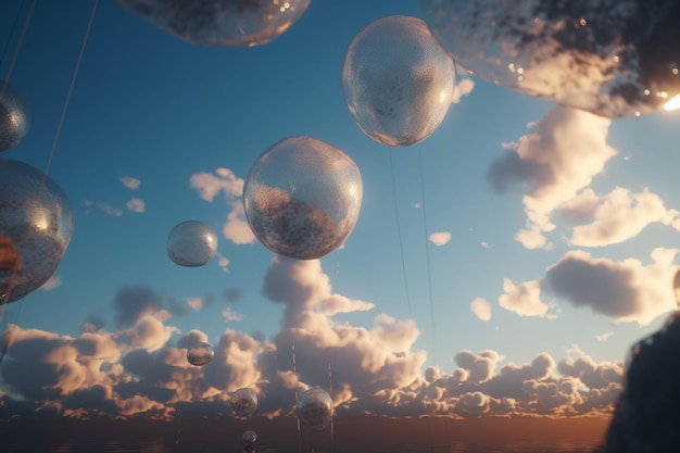 Un ciel plein de ballons avec le soleil qui brille à travers eux