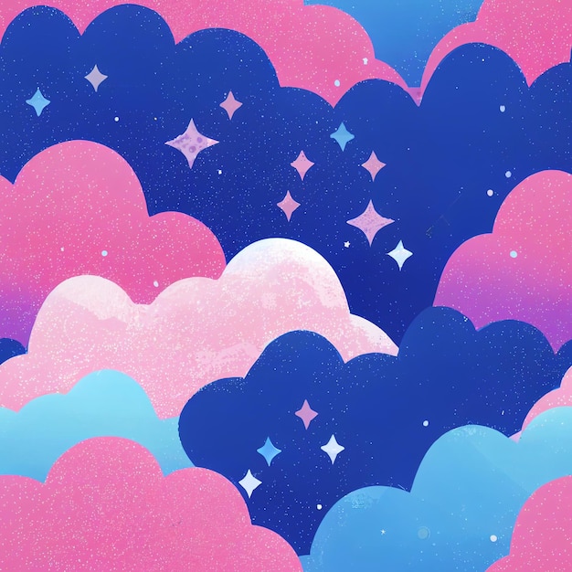 Un ciel rose et bleu avec des nuages et des étoiles.