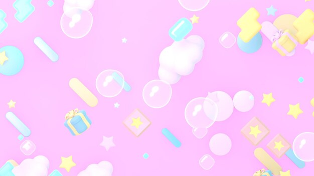 Photo ciel rose de dessin animé rendu 3d avec des nuages, des bulles, des étoiles, des lignes diagonales et des coffrets cadeaux