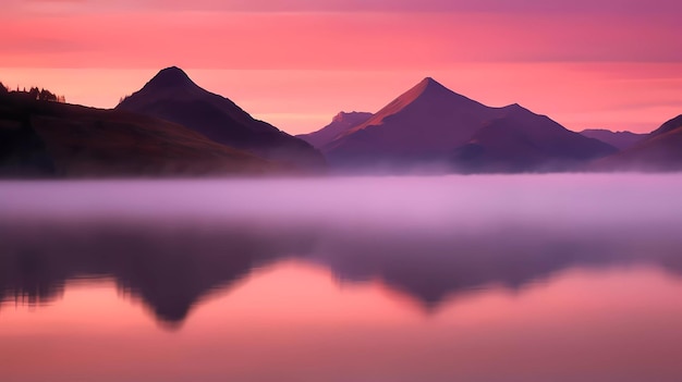 Un ciel rose avec des montagnes en arrière-plan