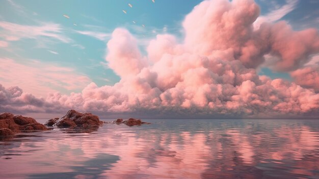 Un ciel rose avec des nuages et la mer