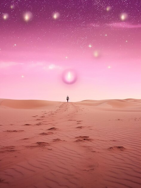 Un ciel rose avec une personne marchant dans le désert.
