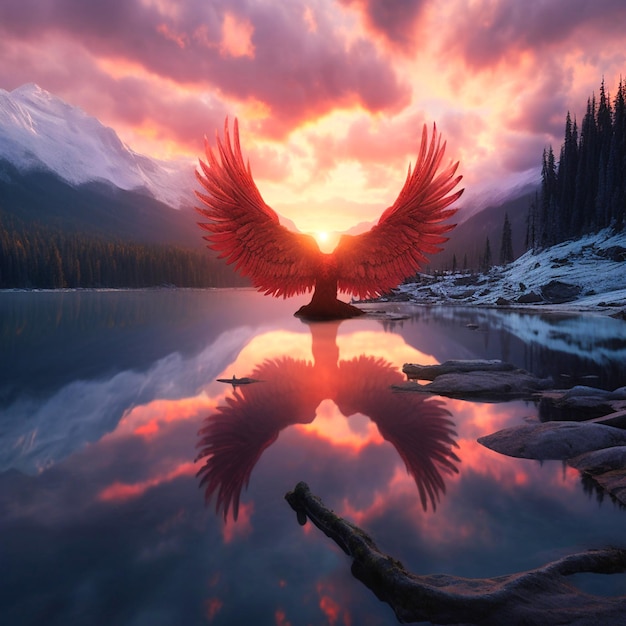 Photo le ciel rouge comme les ailes d'un ange le lac