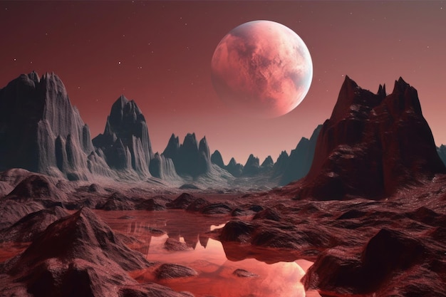 Un ciel rouge avec des montagnes près de la lune dans le style de paysages de science-fiction bassins de pigment saturés IA générative