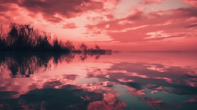 Un ciel rouge avec des nuages et des arbres se reflétant dans l'eau