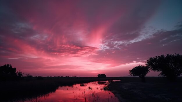 Un ciel rouge avec des nuages et des arbres