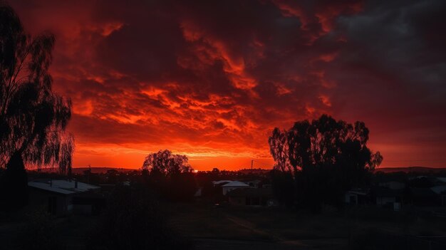 Un ciel rouge avec quelques nuages dans le ciel