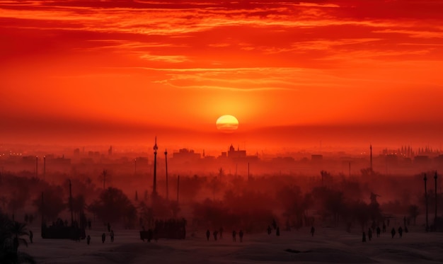 Un ciel rouge avec le soleil couchant derrière lui