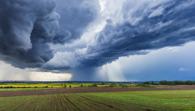 Le ciel sombre avec de lourds nuages convergeant et une violente tempête avant la pluie