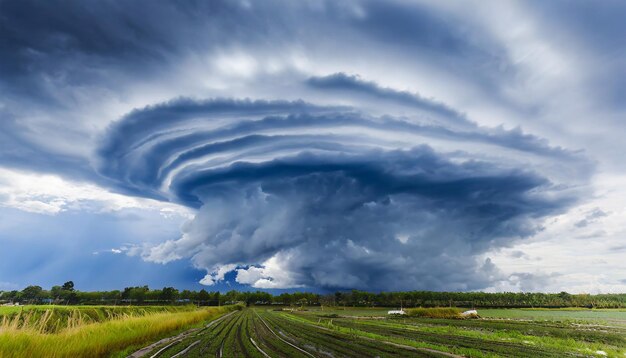 Le ciel sombre avec de lourds nuages convergeant et une violente tempête avant la pluie