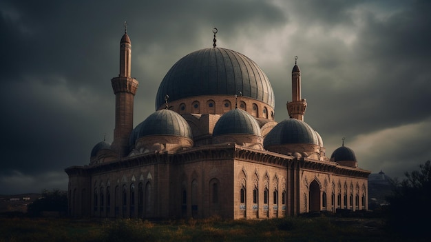 Un ciel sombre avec des nuages et une mosquée au premier plan