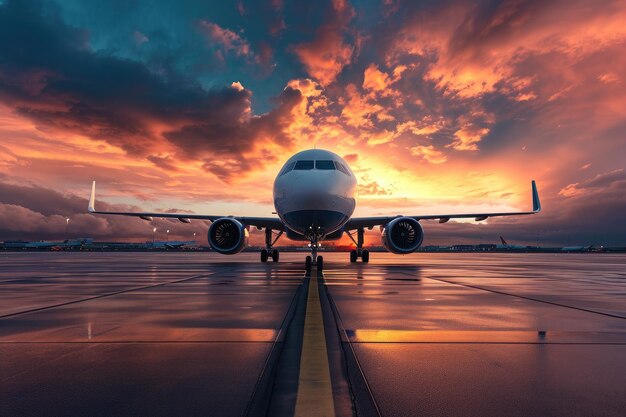 Un ciel spectaculaire encadre un avion sur une piste pendant un coucher de soleil captivant