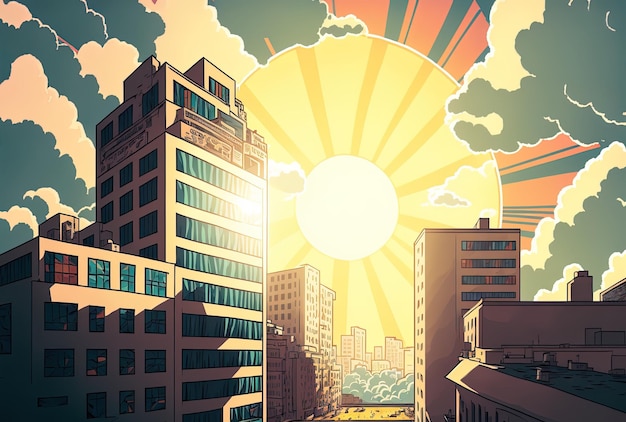 Un ciel de style suncartoon avec des nuages et des bâtiments dans une ville