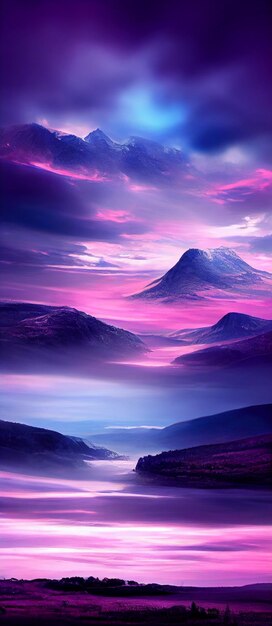 Ciel violet et bleu avec des montagnes au loin génératif ai