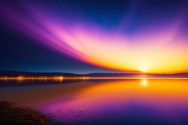 Un ciel violet avec un coucher de soleil sur un plan d'eau