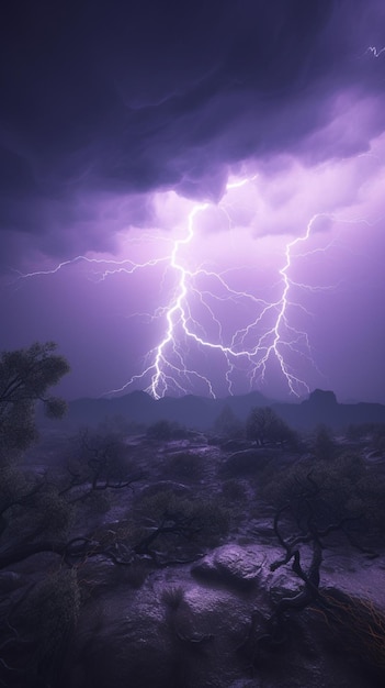 Un ciel violet avec un coup de foudre dans le désert.