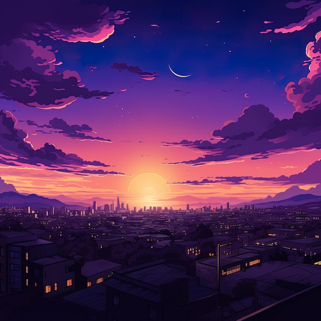 un ciel violet avec un horizon de la ville et un horizonte de la ville
