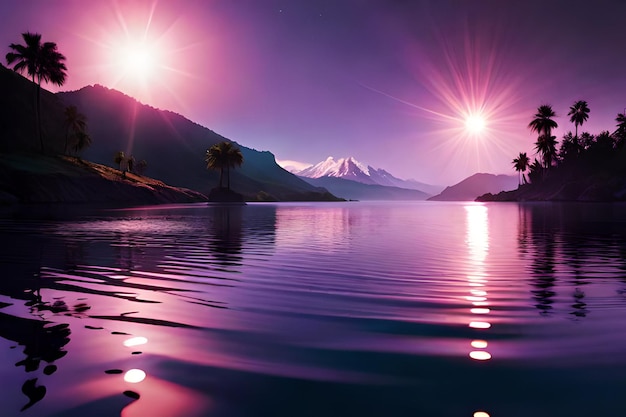 Un ciel violet avec une montagne et un coucher de soleil avec le soleil qui brille dessus.