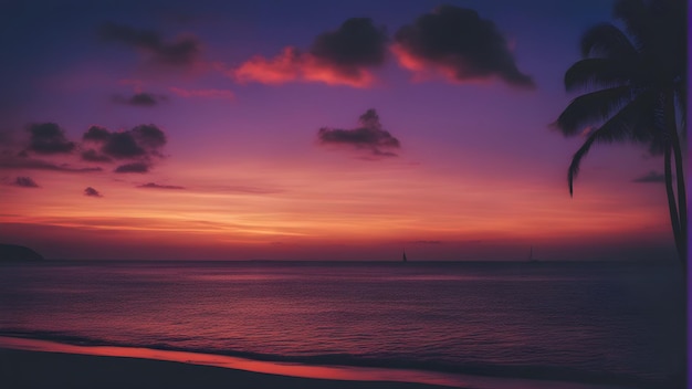un ciel violet avec une voile et un voilier dans l'eau.