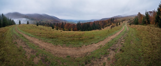 Ciel voilé et couvert tôt le matin en automne Carpates et chemin de campagne sale Ukraine