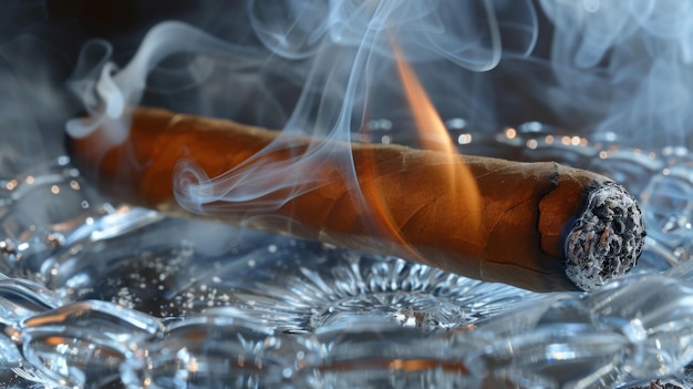 Un cigare brûlant sur un cendrier en verre classique