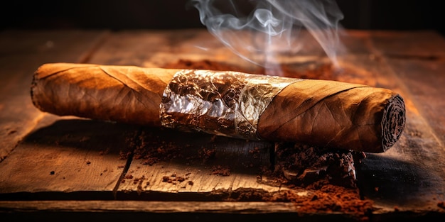 Un cigare sur une table en bois brun.