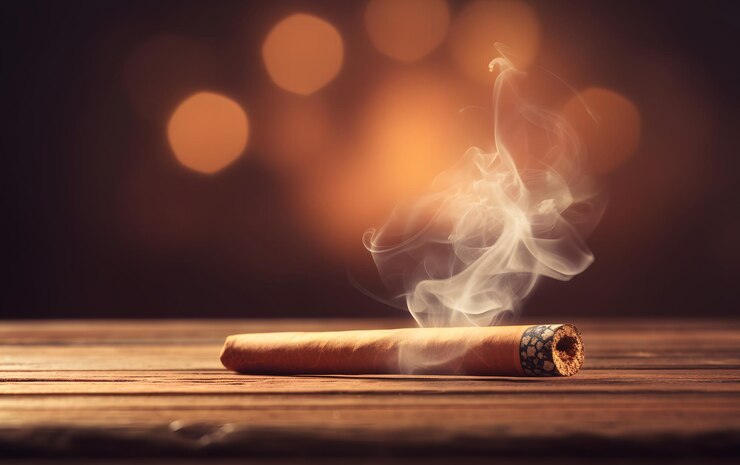 Photo un cigare sur une table en bois avec des lumières en arrière-plan