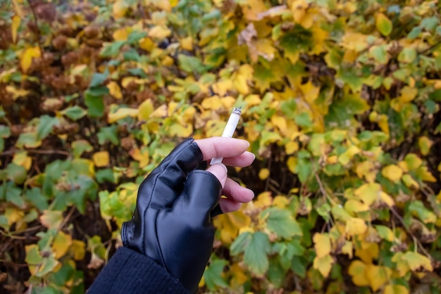 Cigarette allumée à la main sur le fond des feuilles jaunes