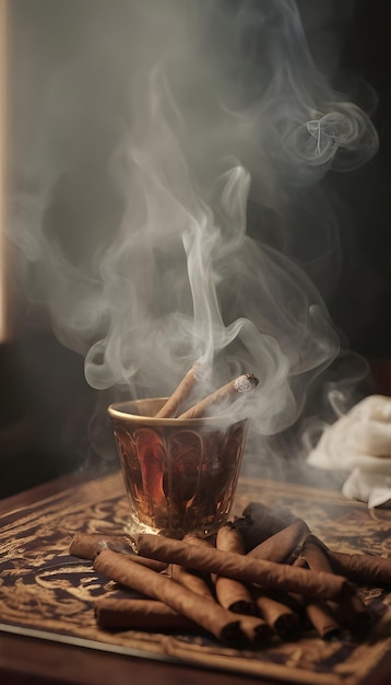 Photo une cigarette brûlante avec de la fumée sur une table