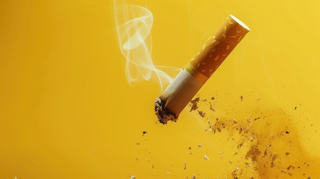 Cigarette en gros plan explosion de tabac cassé répandue sur un fond jaune pastel avec un côté clair et peu d'ombre Non et concept d'arrêt de fumer