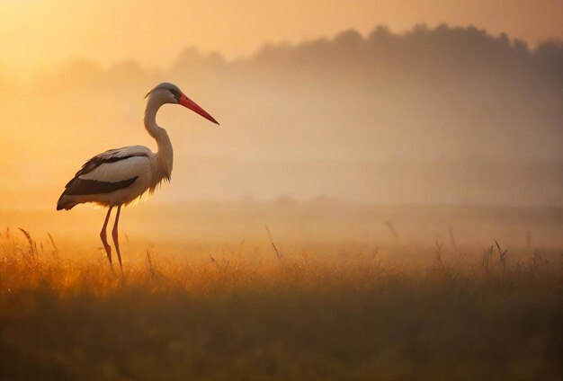 La cigogne blanche dans la prairie brumeuse le matin d'été illustration générative ai