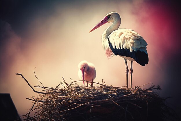 Une cigogne et un oisillon dans un nid