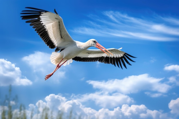 Cigogne en vol sur ciel bleu