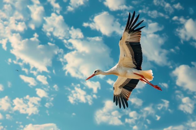 une cigogne vole un ciel bleu avec des nuages