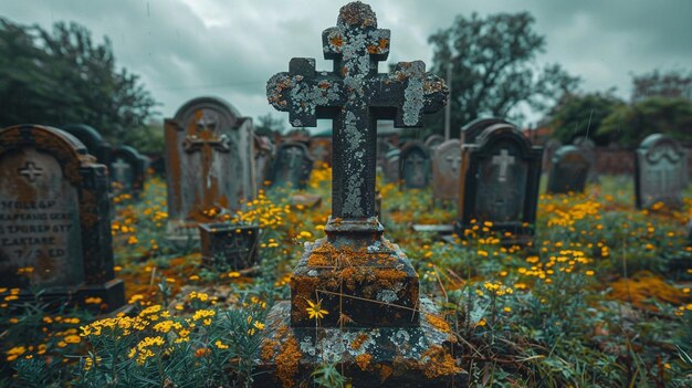 Un cimetière abandonné avec des pierres tombales renversées en arrière-plan