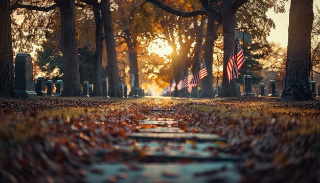 Un cimetière avec beaucoup de drapeaux américains sur l'herbe