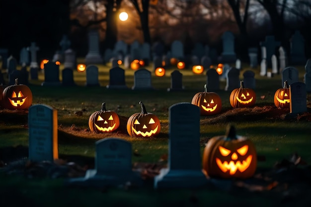 Photo un cimetière avec une citrouille sculptée dedans.