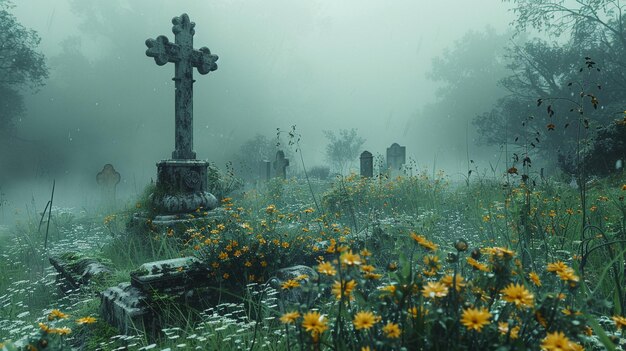 Un cimetière couvert de brume avec des fleurs flétries en arrière-plan