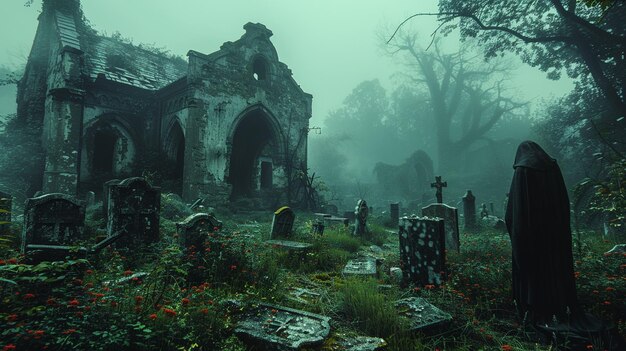 Un cimetière couvert de brume s'effondre