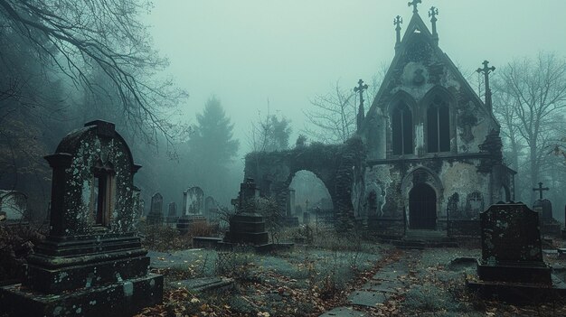 Un cimetière couvert de brume s'effondre