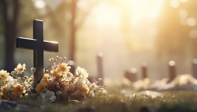 Un cimetière avec une croix et un cercueil avec des fleurs sur le dessus