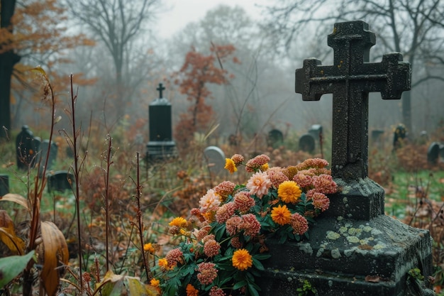 Un cimetière avec une croix et des fleurs dans l'herbe