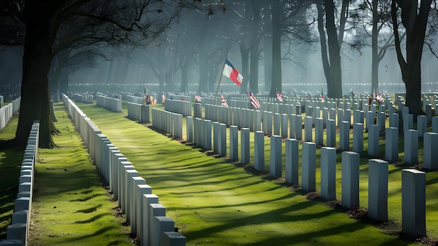 un cimetière avec un drapeau et un drapeaux au milieu