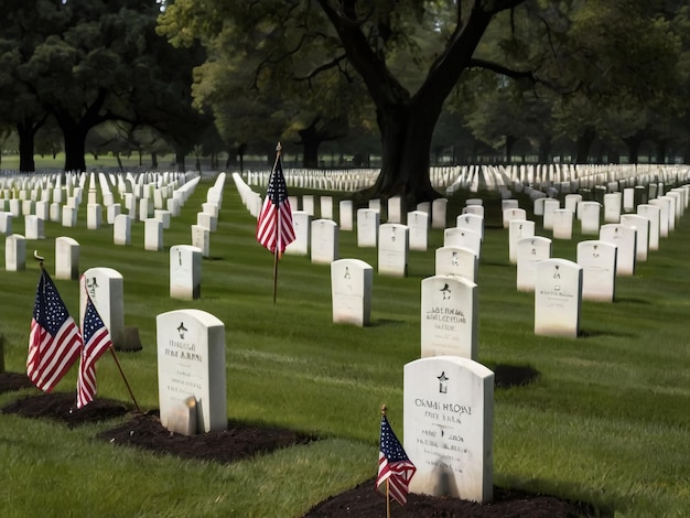 un cimetière avec un drapeau et un drapeaux au milieu