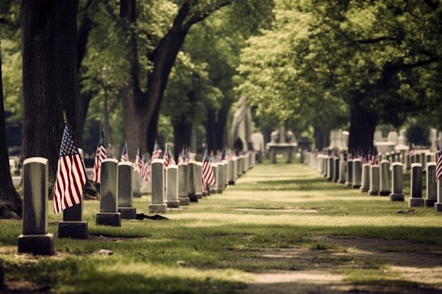 Un cimetière avec des drapeaux au sol et un arbre en arrière-plan